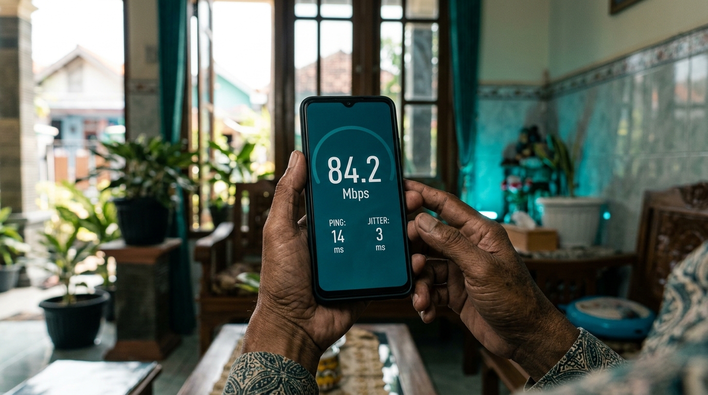 Sepasang tangan memegang HP yang menampilkan hasil tes kecepatan internet, latar rumah tampak samar.