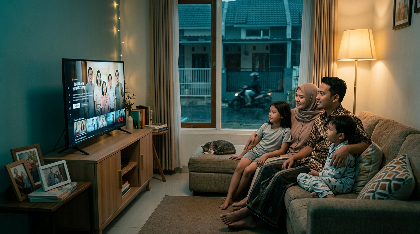 Satu keluarga menonton film bersama di ruang keluarga yang hangat pada malam hari.