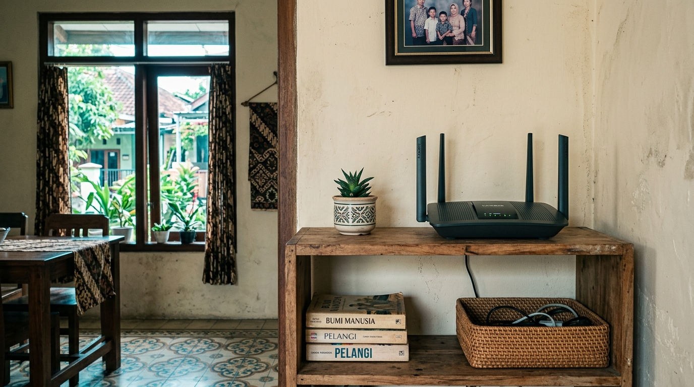 Router WiFi modern berdiri di rak kayu sebuah ruang keluarga yang terang.