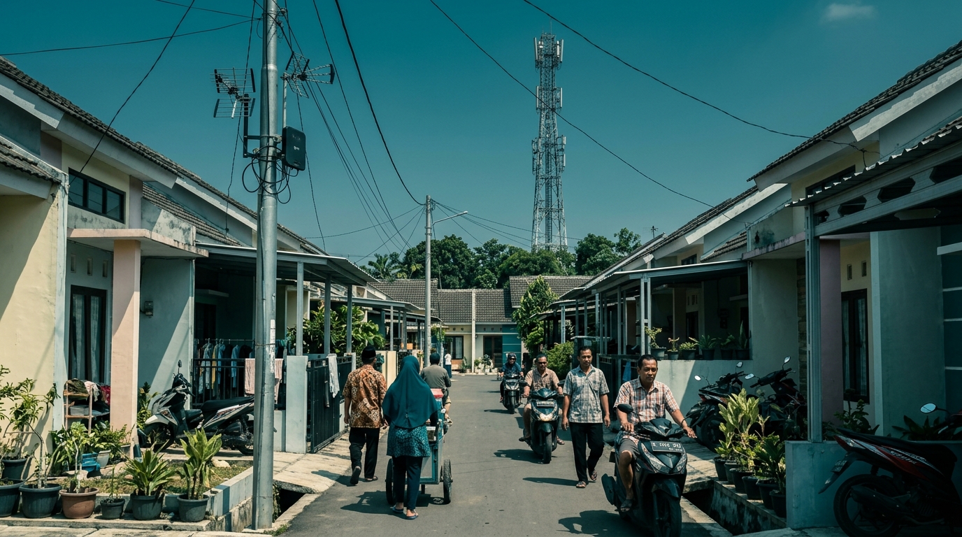 Jalan perumahan dengan tiang antena WiFi di satu sisi dan menara telekomunikasi kota jauh di kejauhan.