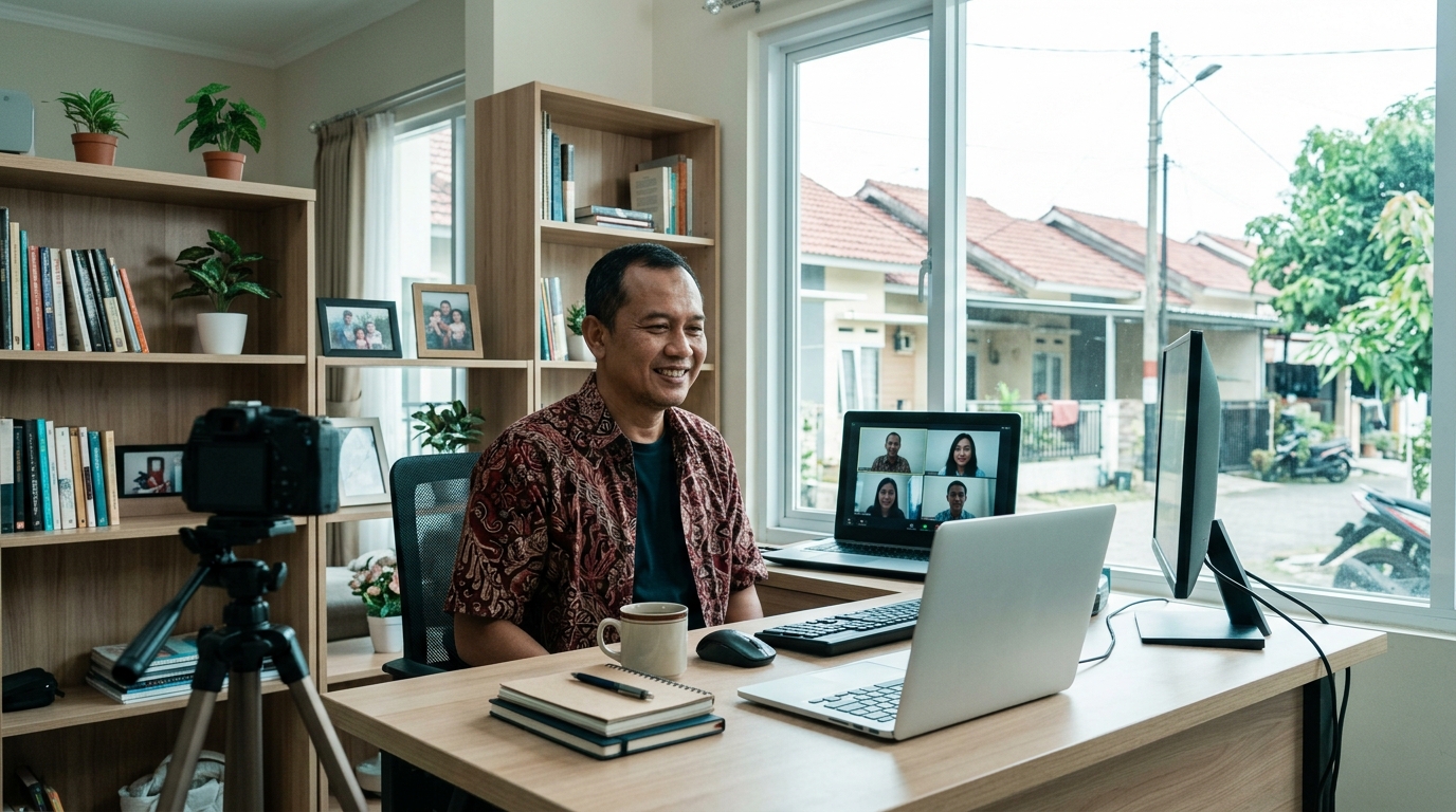 Meja kerja di rumah dengan laptop yang sedang menampilkan panggilan video, ruangan rapi dan terang.