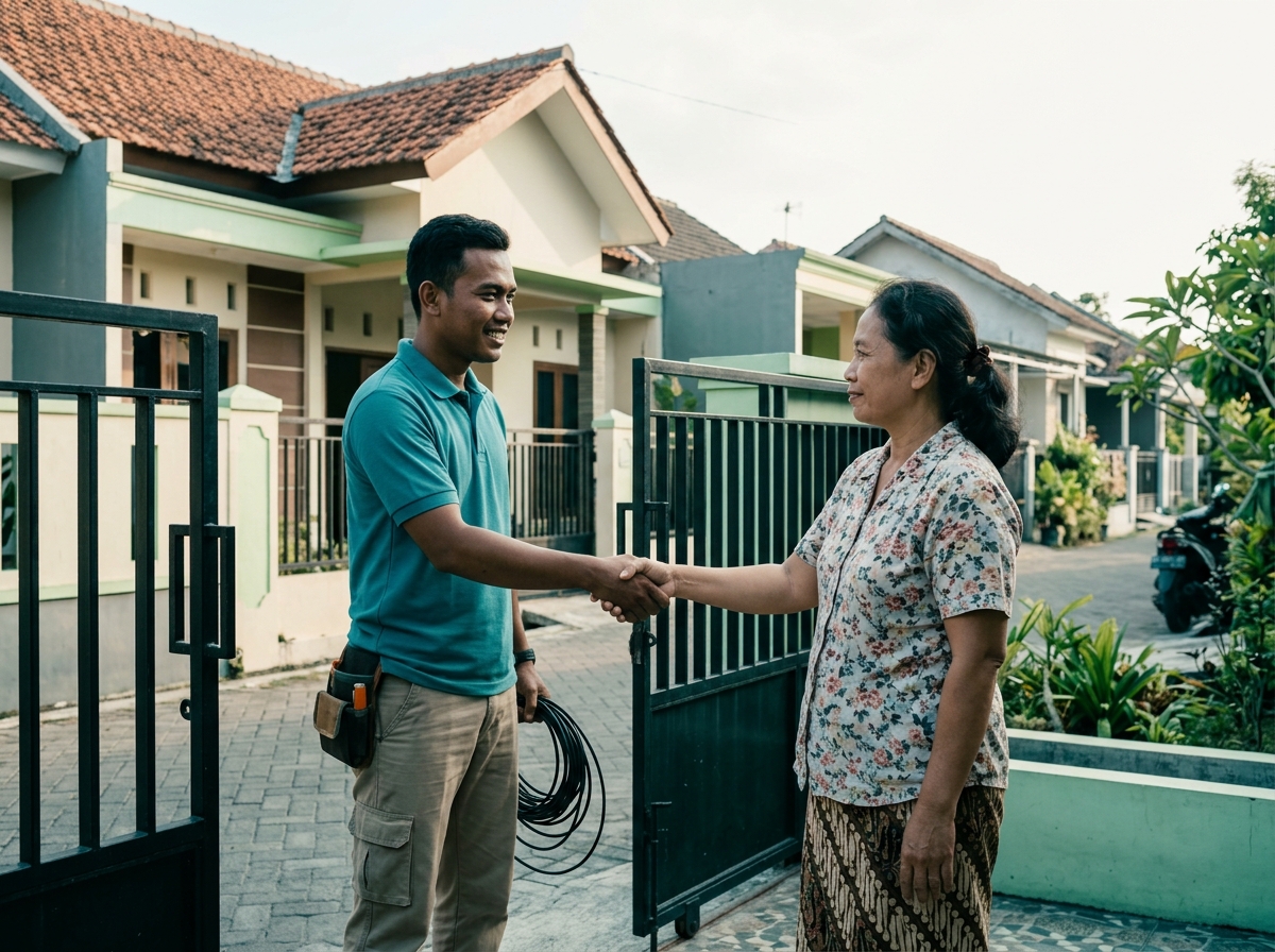 Teknisi SinyalKita berkaos polo teal berjabat tangan dengan pemilik rumah di depan pagar, disinari cahaya siang.