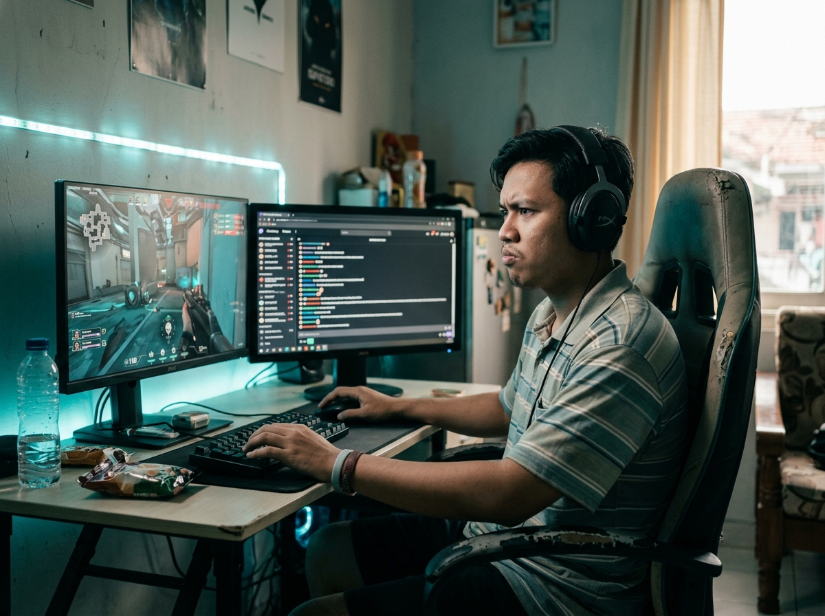 Anak muda serius bermain game di meja dengan dua monitor, satu menampilkan game kompetitif dan satu lagi chat siaran, disinari lampu LED lembut.