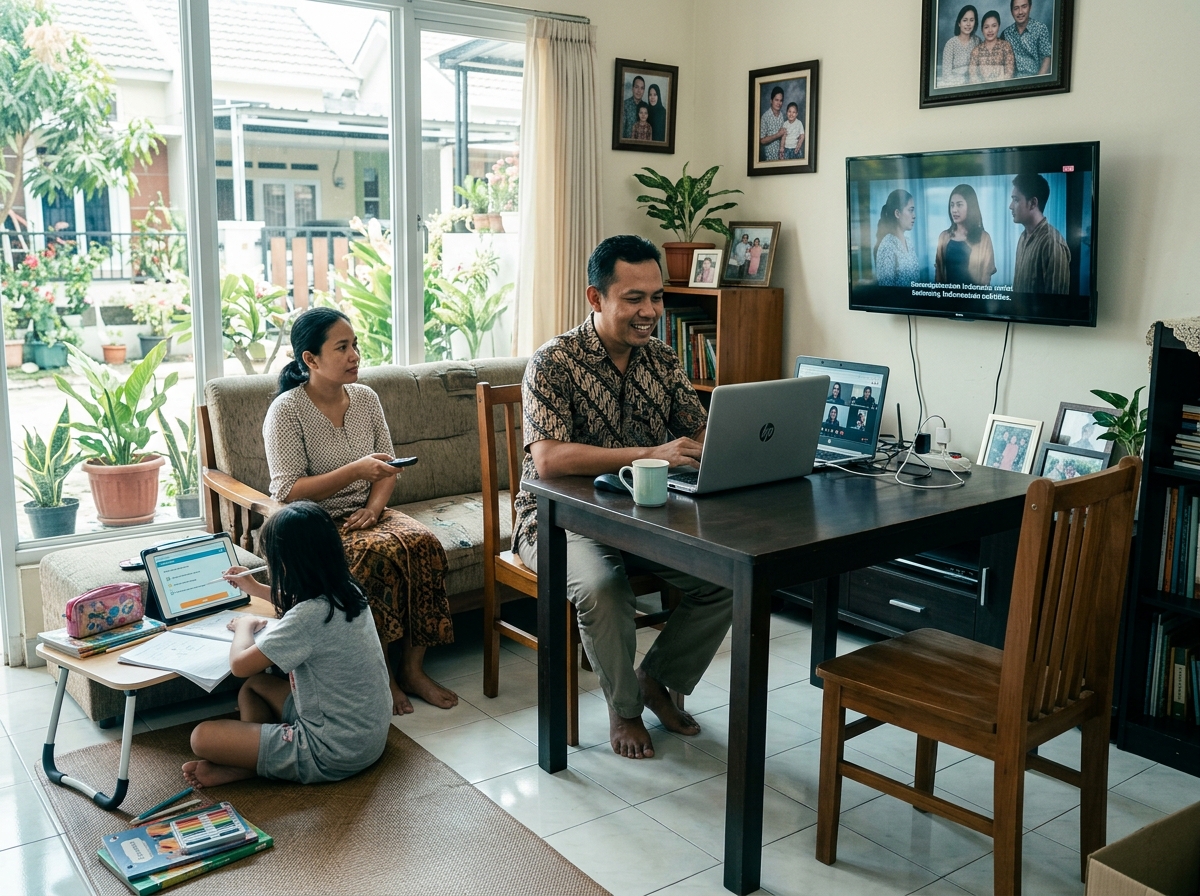 Satu keluarga di ruang tamu yang terang, ayah ikut panggilan video di laptop, ibu menonton serial di TV, dan anak mengerjakan tugas di tablet, semuanya bersamaan.