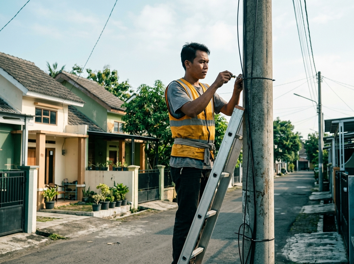 Teknisi SinyalKita berdiri di atas tangga sambil merapikan kabel fiber ke tiang beton di jalan perumahan pada pagi hari.