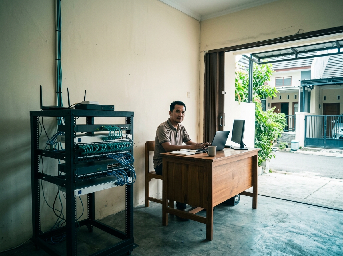 Posko SinyalKita di garasi rumah Blok C2, rak switch jaringan tertata rapi di samping meja kerja sederhana, disinari cahaya dari pintu yang terbuka.