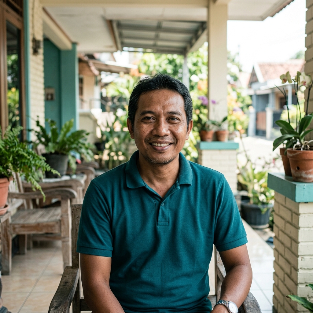 Pak Dedi tersenyum memakai kaos polo, dengan latar teras rumah.