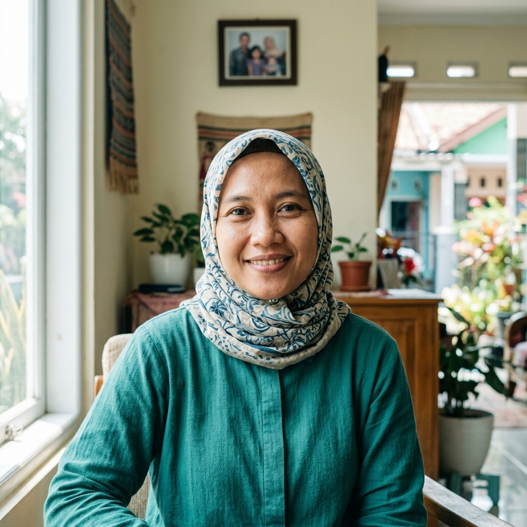 Bu Rina berhijab, tersenyum lembut di dalam rumah yang terang.
