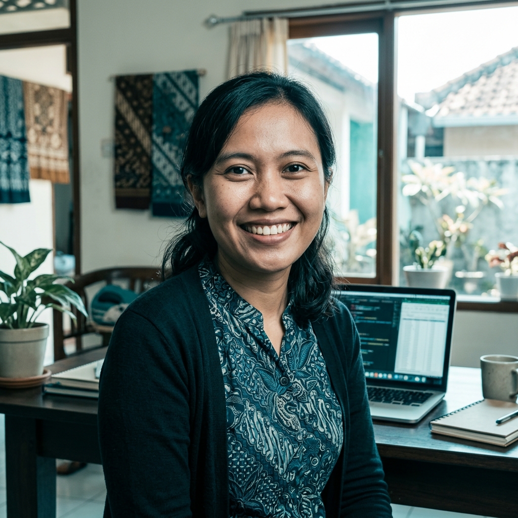 Mbak Sari tersenyum percaya diri, dengan latar meja kerja dan laptop di rumah.
