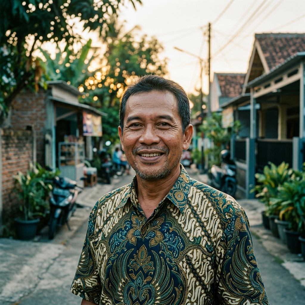 Pak Haris memakai kemeja batik, tersenyum hangat di lingkungan perumahan sore hari.