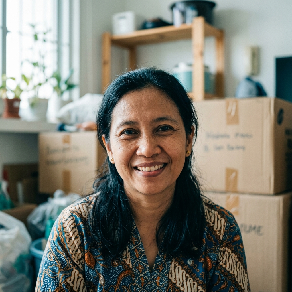 Bu Yanti tersenyum hangat, kardus pindahan terlihat samar di belakangnya.