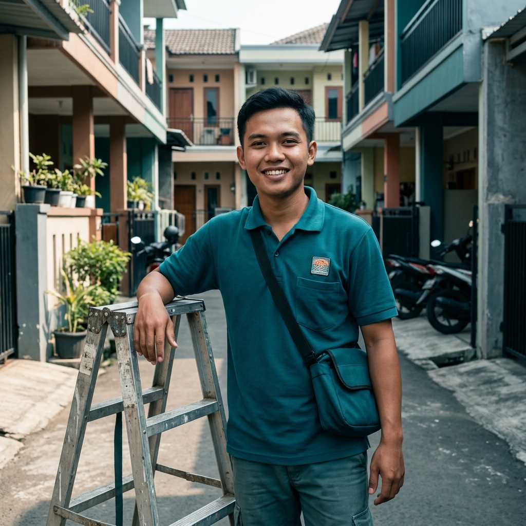 Bagas Prakoso berkaos polo kerja teal sambil menenteng tas perkakas, berdiri di samping tangga di jalan perumahan.