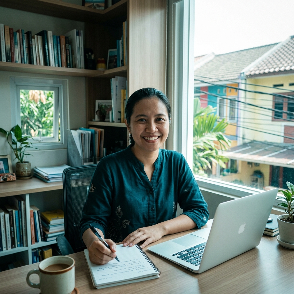 Nadia Rahmawati tersenyum ramah di meja kerja rumah yang rapi, dengan laptop dan buku catatan di depannya.